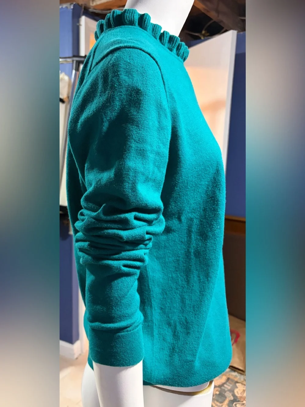 Women’s J. Crew Teal Ruffle-Trim Crewneck Long Sleeve Sweater Size M
